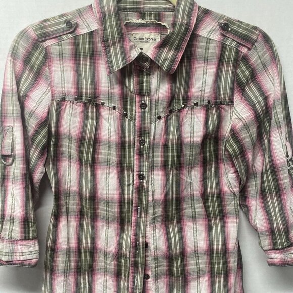 Cotton Express Womens Button Up Pink Gray Plaid Cotton Sz XS 3/4 Sleeves Western - Picture 3 of 16